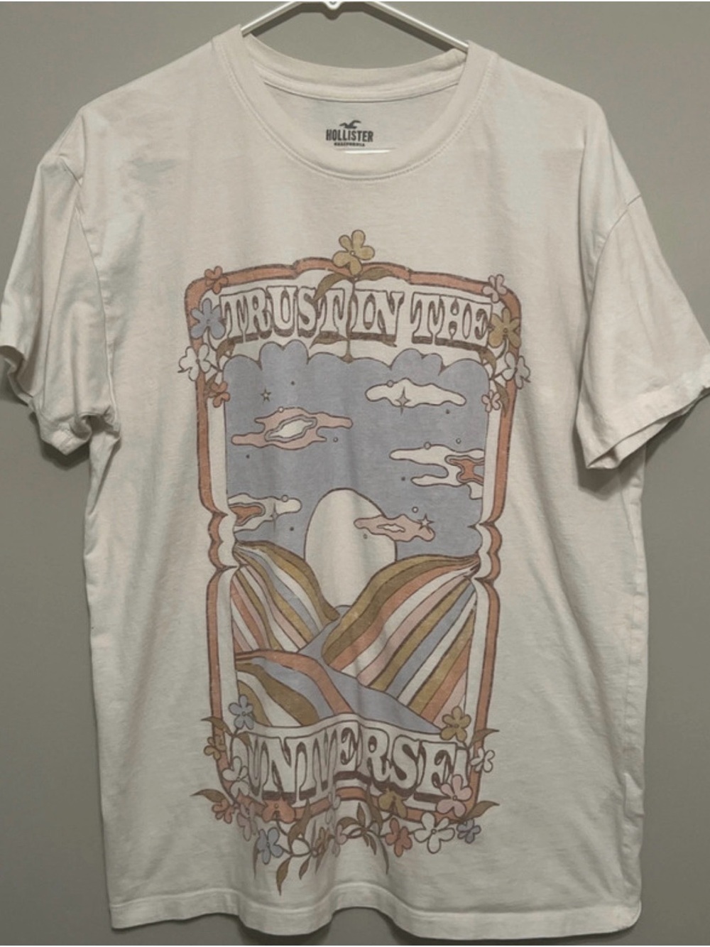 Hollister White Tee with Pastel Retro Landscape Graphic